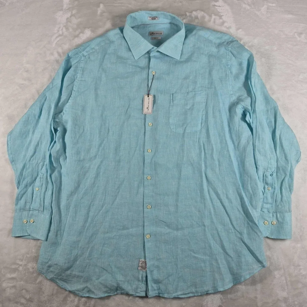 Peter Millar Linen Shirt Men's 2XL XXL Blue Crown Cool Long Sleeve Button Up NWT